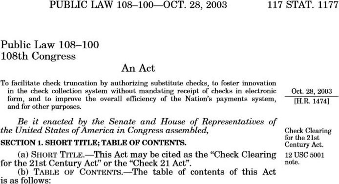 Publication of the Check 21 Act in the U.S. Congressional Record