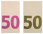 Optically variable ink (OVI) on 50 Euro bank note