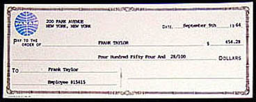 Pay check from Pan American World Airways (Pan Am)