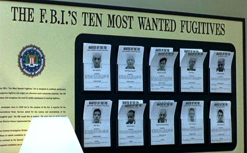 Wall with F.B.I. most wanted fugitives list